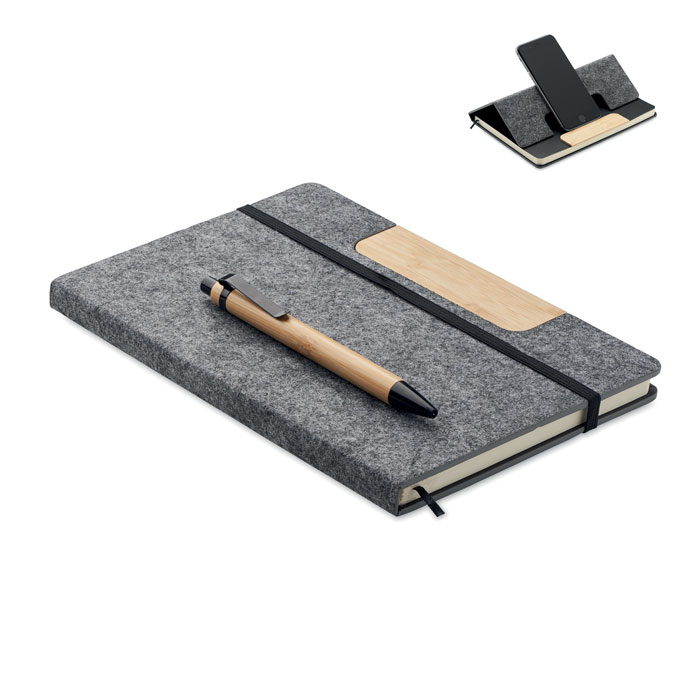 Carnet A5 promotionnel en feutre rPET et stylo Notemix gris pierre